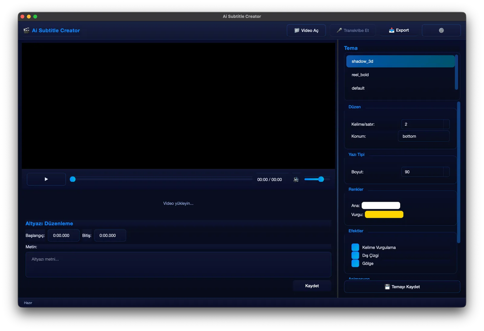 Ai Subtitle Creator interface, showing video preview, subtitle timeline, and style panel